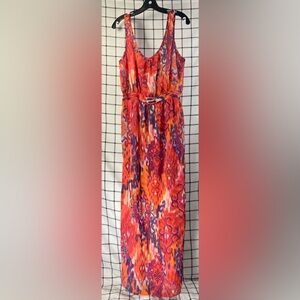 Charming Charlie Resort Ready Red and Orange Pleated Midi Dress